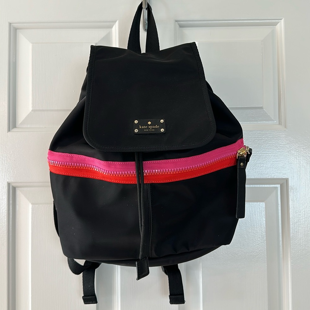 Chic Kate Spade Black Satin Backpack with Vibrant Orange and Pink Zipper Detail!